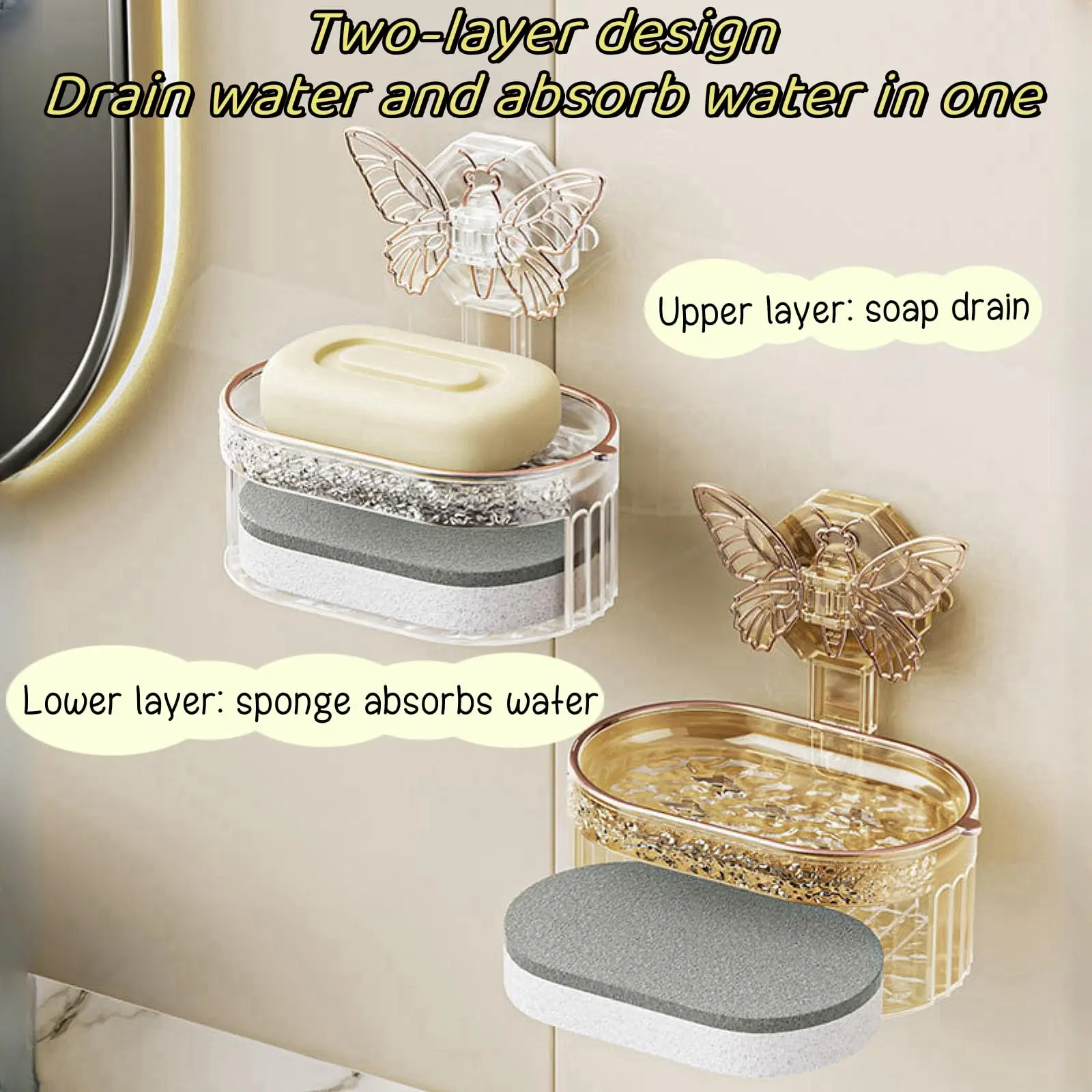 Soap Holder Suction Cup for Shower,No-Punch Butterfly Shaped Double Soap Box,Soap Dish for Bathroom and Kitchen