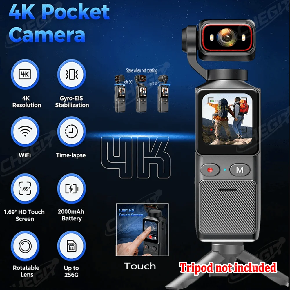 

Pocket Camera Real 4K Touch screen WIFI Outdoor DV 180°Rotatable UHD Anti-shake Bodycam Sports Action Portable Security Recorder