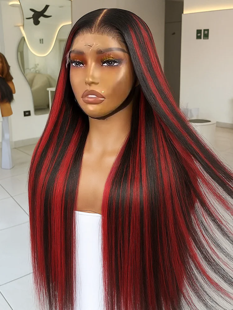 ติดตั้งง่าย วิกผมตรงสีน้ำตาลแดงเบอร์กันดี 1B/99j แบบไม่ต้องใช้กาว  พร้อมเชือกผูกแบบลูกไม้ 5x5  วิกผมแท้จากผมมนุษย์แบบถอนขนมาแล้ว