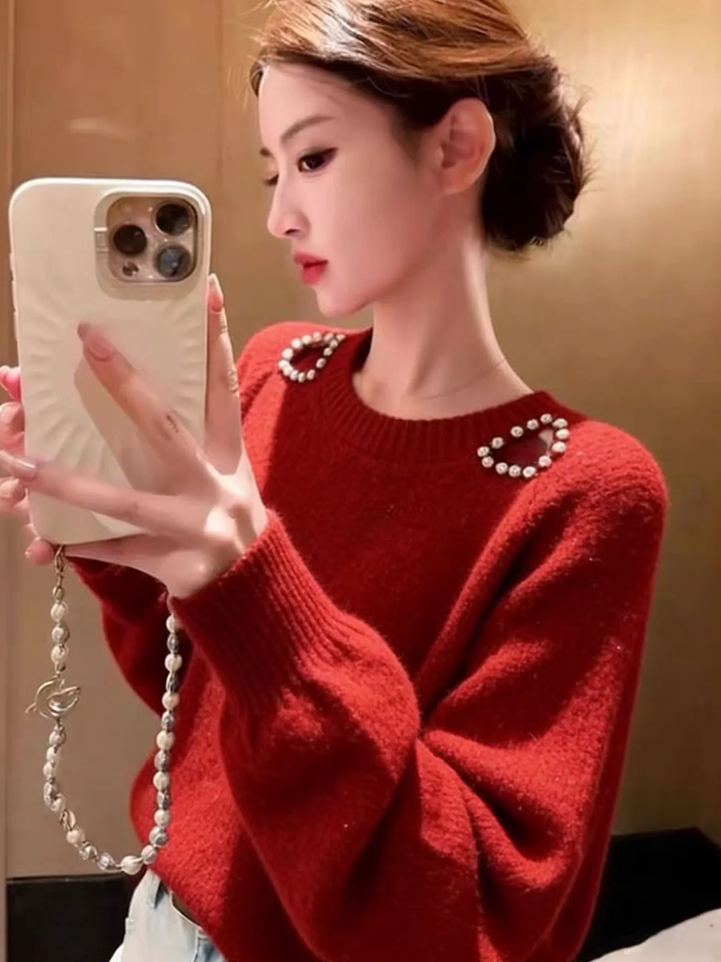 

Модный вязаный свитер Cisas Red Diamond с длинными рукавами, цвет вишневый, зима 2025, корейский свободный крой