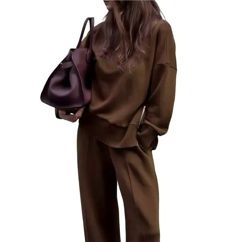 

ABRT-Casual Winter Two Piece Sets For Women Crew Neck Sweatshirt Loose Wide Leg Pants Tracksuit Knit Fall Outfits Brown L