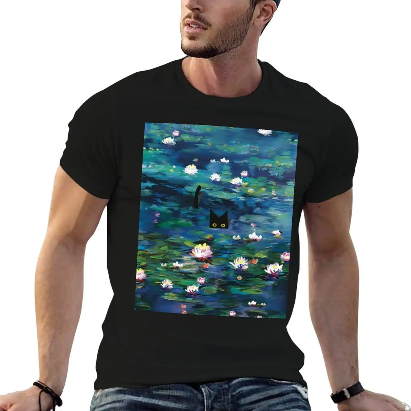 

Claude Monet Water Lilies Monet Waterlily Cat Prints T-Shirt blanks quick-drying mens t shirts