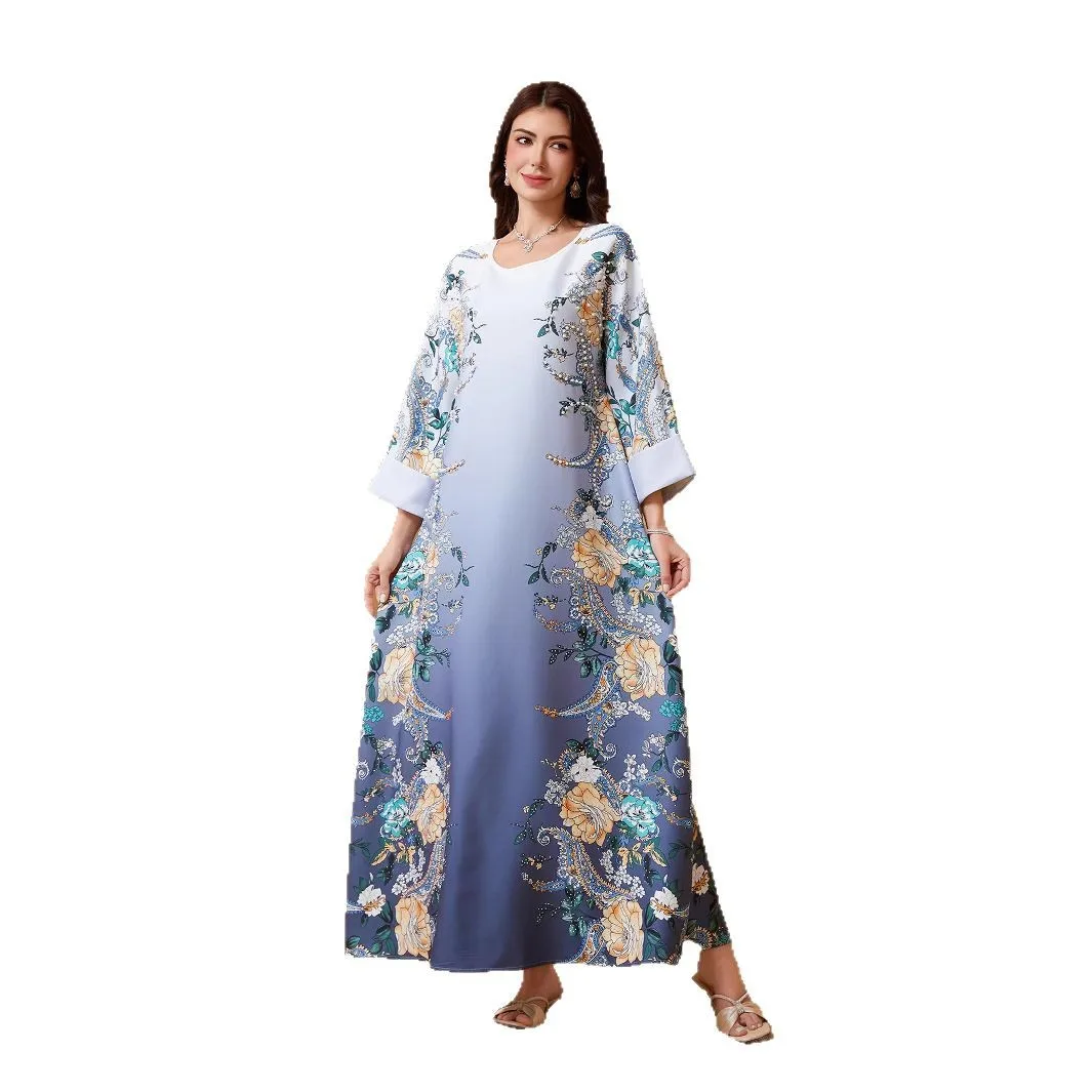 

Middle East Cross-border New Muslim Print Beaded Hot Diamond Loose Robe Dress Spot Abayas