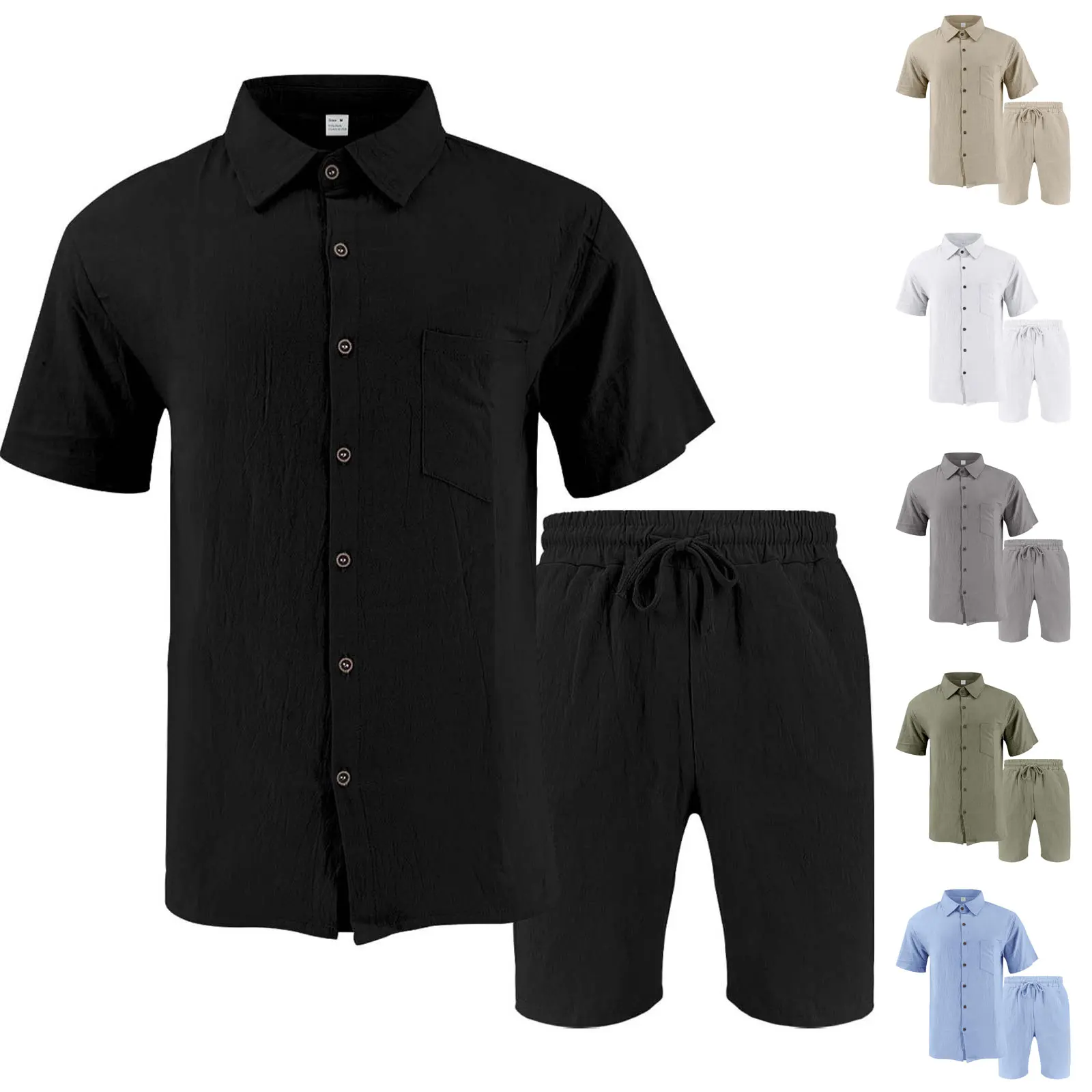 

Suit Coattails Men's Solid Color Lapel Button Casual Breathable Short Sleeve Shirt Elastic Tie Up Shorts Vintage Suit Vest Men