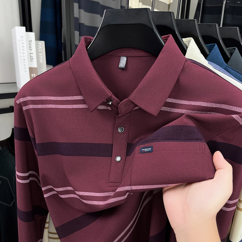 

High End Brand Men's Polo Shirt Lapel Long Sleeve T-Shirt Autumn New Contrast Color Striped Pocket Versatile Business Men'swear