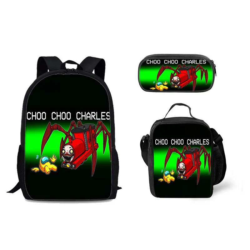 Trendy Popular New Choo-Choo Charles 3D Printed 3pcs/Set Student School Bags Laptop Daypack Backpack Lunch bag Pencil Case