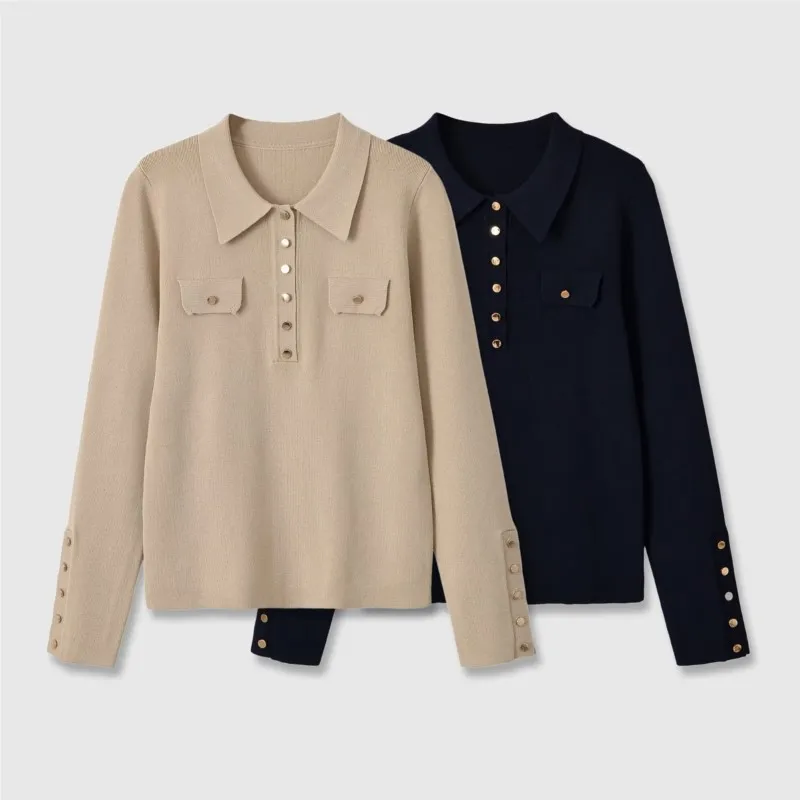 Women's Placket Knit Polo Shirt New 2026 Autumn Polo Collar Long Sleeve Button Woman Sweaters With Ribbed Trims Chic Female Tops