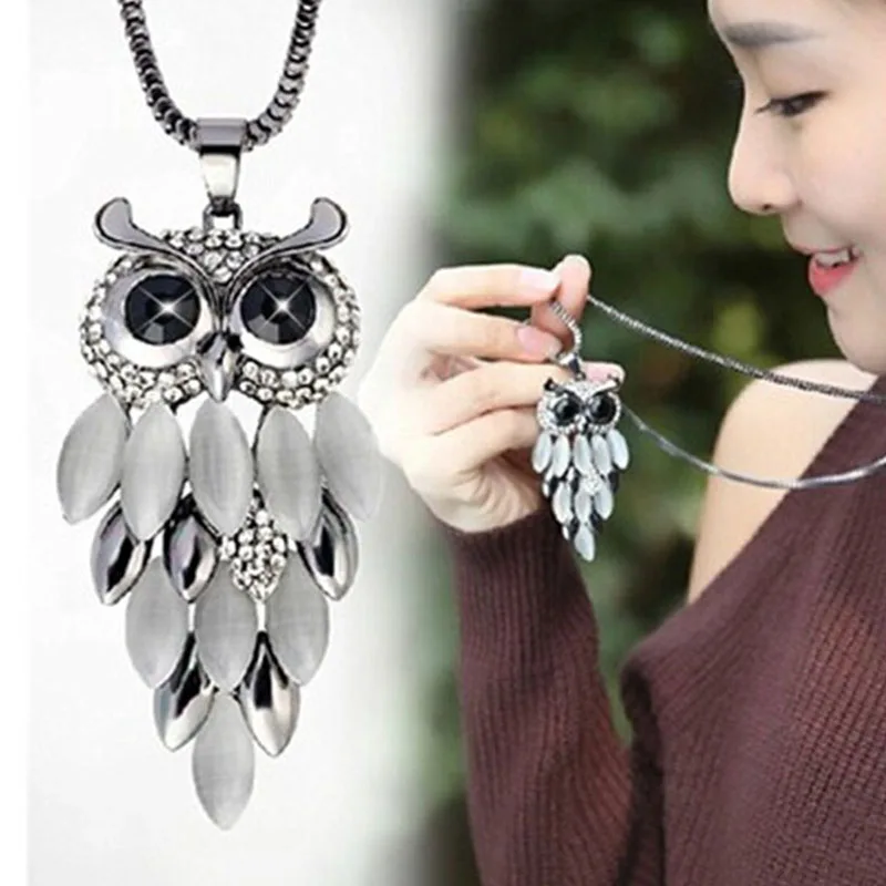 Retro Full Rhinestone Owl Necklace Pendant Women Fashion Geometric Long Necklace Chain Sweater Accessories Female Party Jewelry view 5