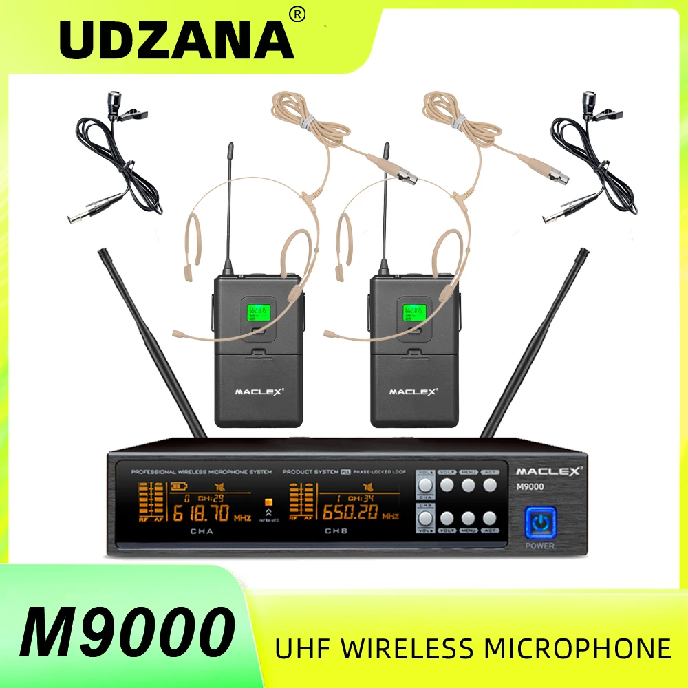 

UDZANA M9000 UHF Professional Wireless System Dual Channel Stage Performance Dynamic Bodypack Headset Lavalier Microphone