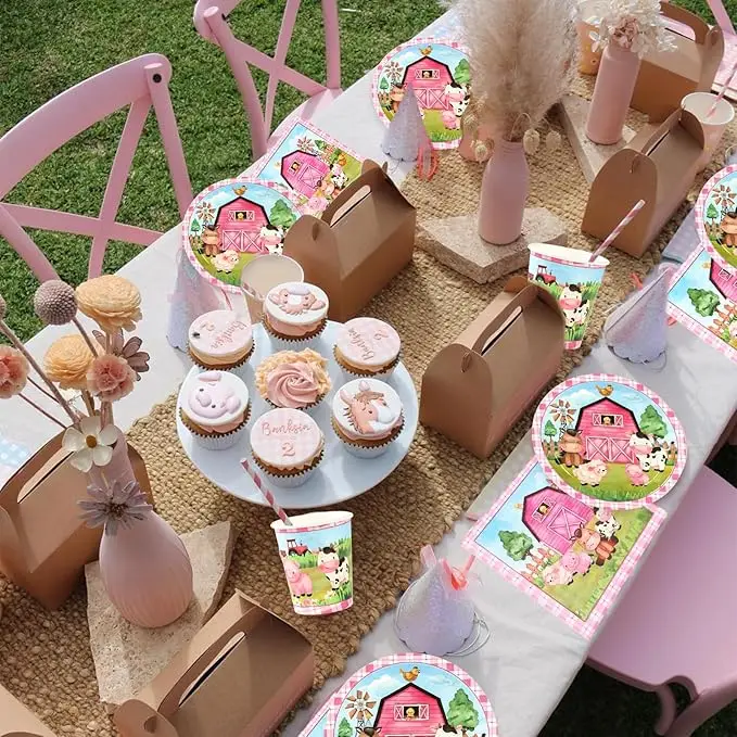 Neues Rosa Bauernhof-Tier Themen-Einweggeschirr, Pappbecher, Teller, Servietten, Tischdecken, Kindergeburtstags-Partyzubehör – Detail 8