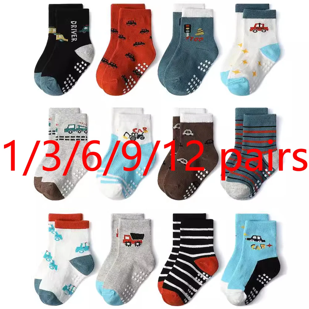 1/3/6/9/12 Paar Kinder-Bodensocken-Sets für Babys, Jungen, Baumwolle, rutschfest, niedliches Cartoon-Muster, atmungsaktive Baby-Trampolin-Socken