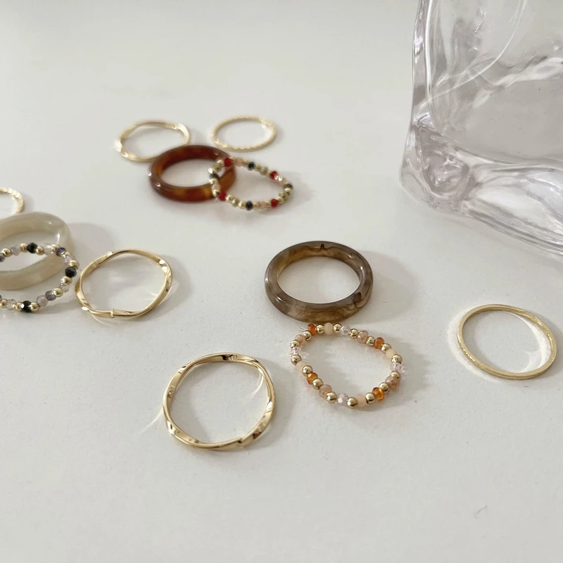 4Pcs Bunte Perlen Harz Metall Unregelmäßige Linien Ringe für Frauen Retro Geometrische Acryl Perle Knuckle Joint Ring Set Schmuck geschenk – Detail 5