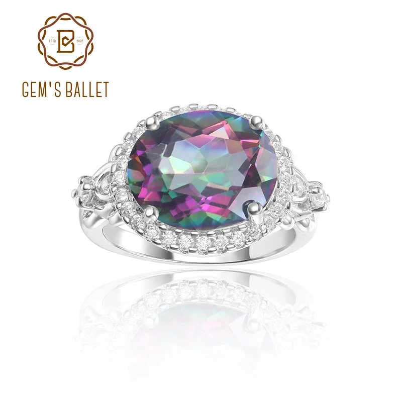 GEM'S BALLET Women's Vintage Ring 4.36Ct 10x12mm Rainbow Mystic Topaz Gemstone Statement Rings in Sterling Silver Gift For