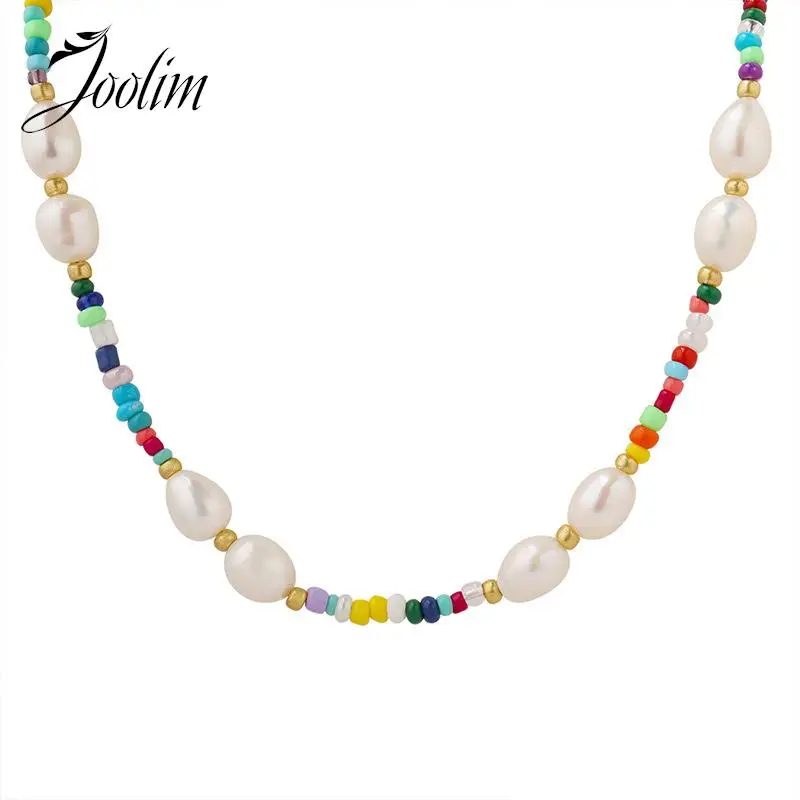 

Joolim Jewelry High End PVD Wholesale Bohemian Colorful Glass Beads Natural Fresh Water Pearl Stainless Steel Necklace for Women