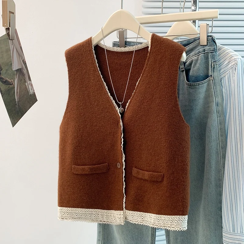 

Ele Knitted Lace Patchwork Vest Women's Thin Sle Outerwear Top Simple Design Faionable Layering Autumn Season Regular...