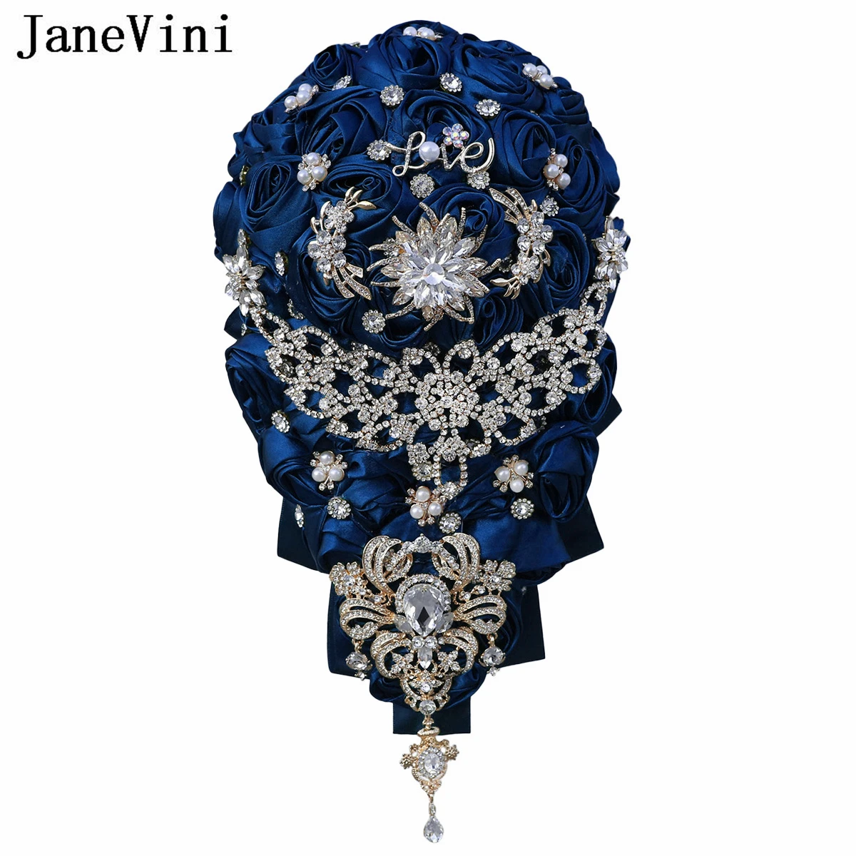 

JaneVini Shiny Navy Blue Cascading Rhinestones Bridal Bouquet Crystal Waterfall Wedding Flowers Bouquets Bride Bridesmaid Roses