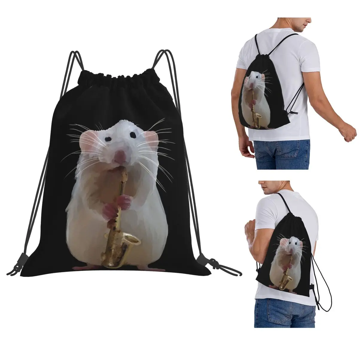 Rat Playing The Saxophone Backpacks Portable Drawstring Bags Storage Bag Book Bags for Travel School