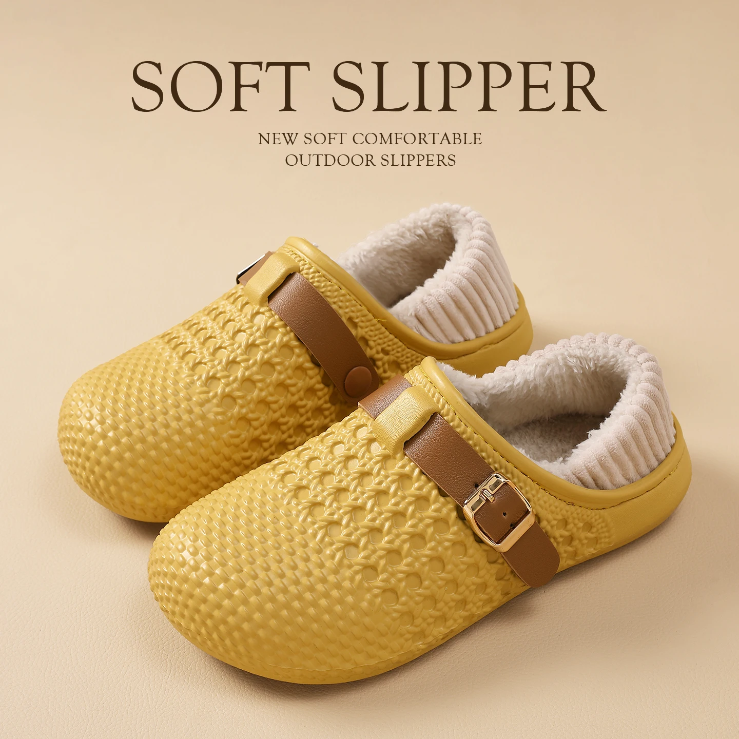 Winter Warm Fleece Lined Clogs Women Waterproof Closed-Heel Buckle Design Thick Sole House Shoes Indoor Outdoor Non-Slip Slides