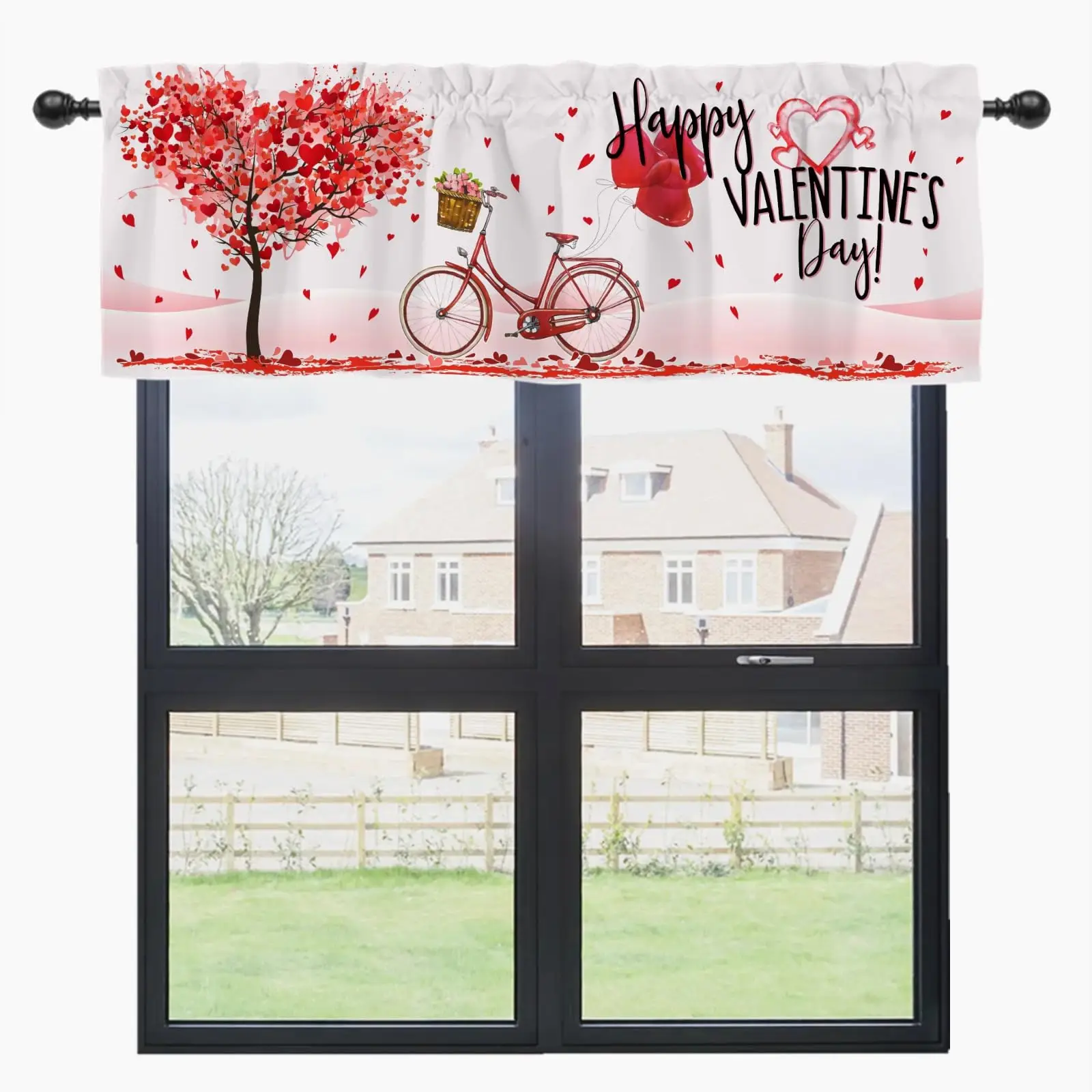 Happy Valentine’s Day Heart Tree Bike Kitchen Curtains Valance Rod Pocket, Valentines Home Living Room Bedroom Bathroom Decor ﻿