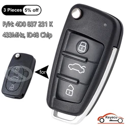 KEYECU 3 Buttons 433.92MHz ID48 Chip for Audi A2 A3 A4 A6 A8 TT Upgraded Flip Remote Control Key Fob 4D0 837 231 K, 4D0837231K