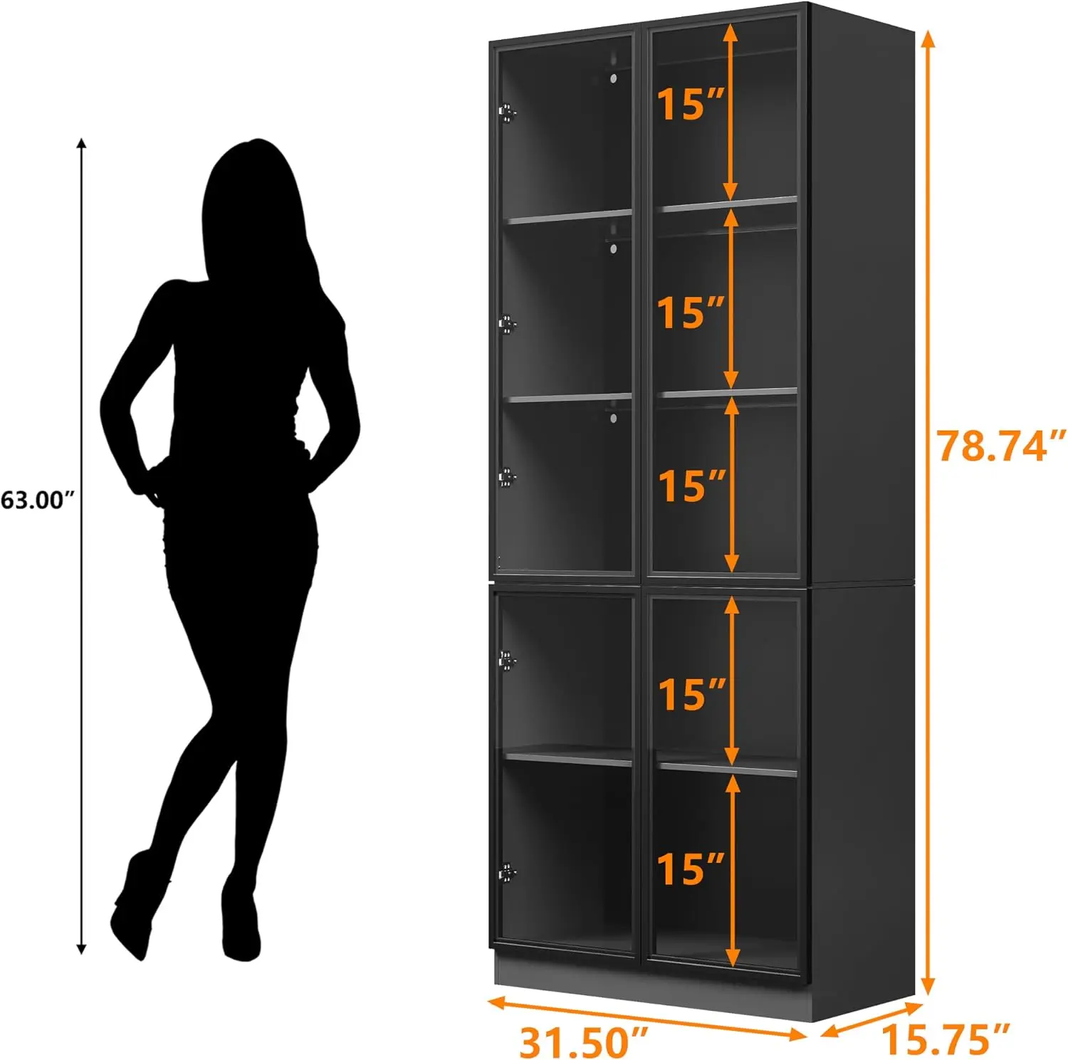 79 Inch Tall Glass Display Cabinet LED Lights Showcase Glass Doors 5 Tier Curio Cabinet Collectibles Bookcase Storage Shelf Blac
