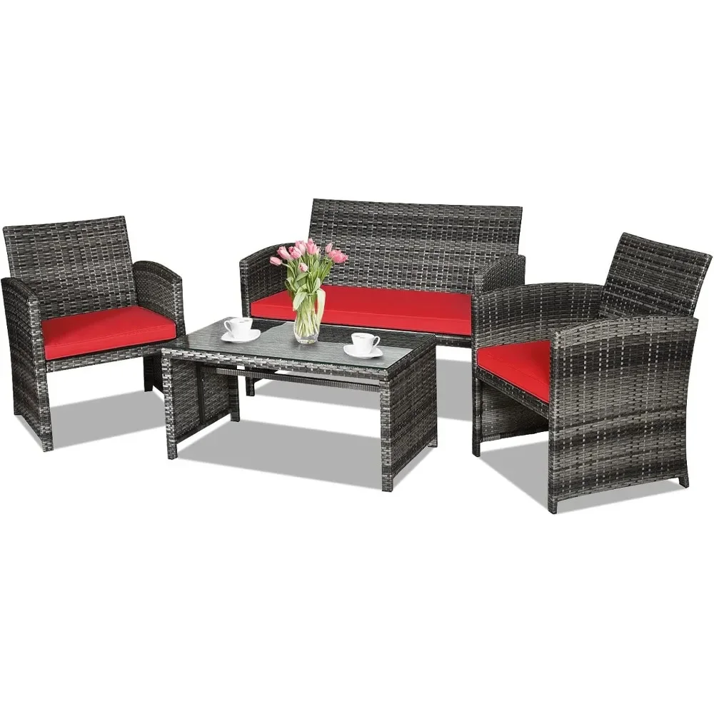 

4-Piece Rattan Patio Furniture Set, Outdoor Wicker Sofa with Weather-Resistant Cushions & Tempered Glass