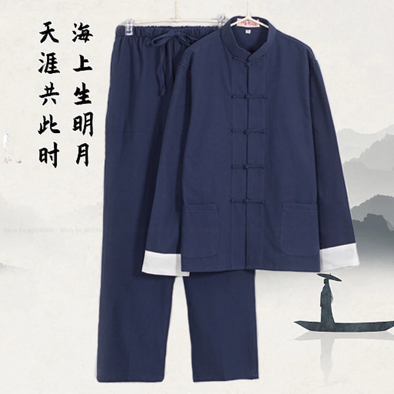 Top in lino di cotone da uomo in stile tradizionale cinese pantaloni Hanfu Tang Suit Kung Fu Tai Chi Uniform Oriental Fashion Clothing Sets