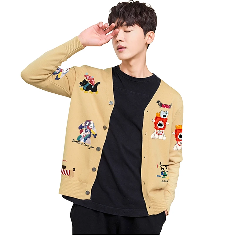 

Мужская брошь в виде куклы-животного, кардиган, медведь, собака, кролик, слон, гусь, принт, v-образный вырез, шерсть, открытая передняя пуговица, прямой уличный свитер