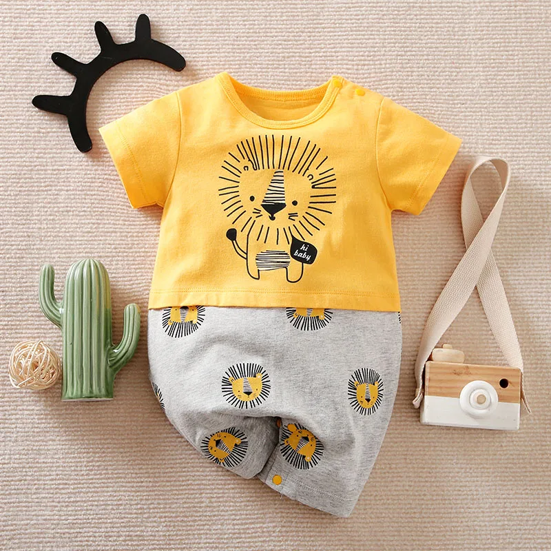 Baby Boy Girl Newborn Casual Solid Color Contrast Cute Lion Comfortable Cotton Short Sleeved Toddler Summer Jumpsuit