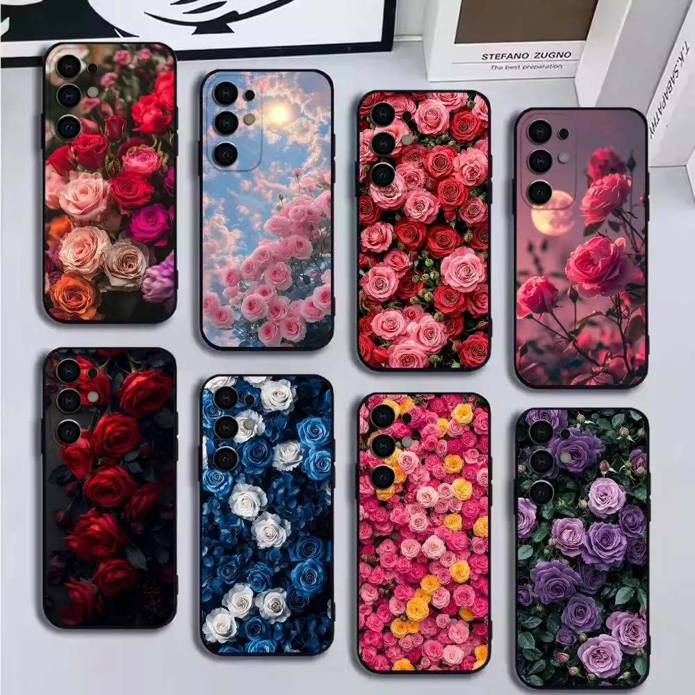 

Lovely Rose Flowers Phone Case For Samsung S25,24,23,22,30,21,10,9,Ultra,Plus,Lite Black Soft Case