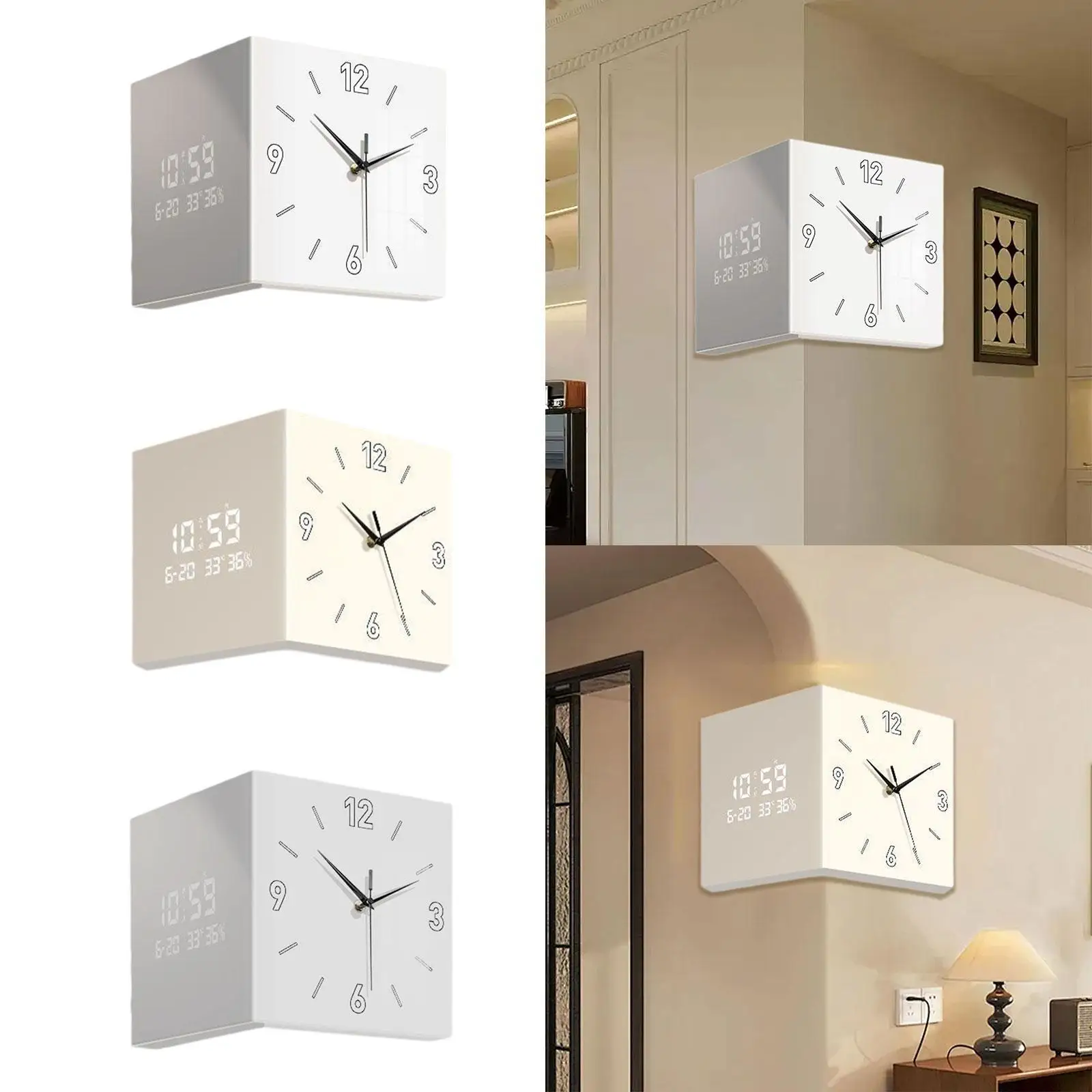 

Corner Wall Clock Non Ticking Remote Controlled Multifunctional Digital Display