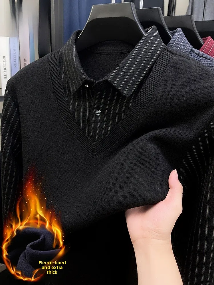 

Lnd Men's Faux Two-Piece Sweater Autumn Winter Thiened Fce Loose Ne Pullover Knitted Wear Polyester Blend Casual