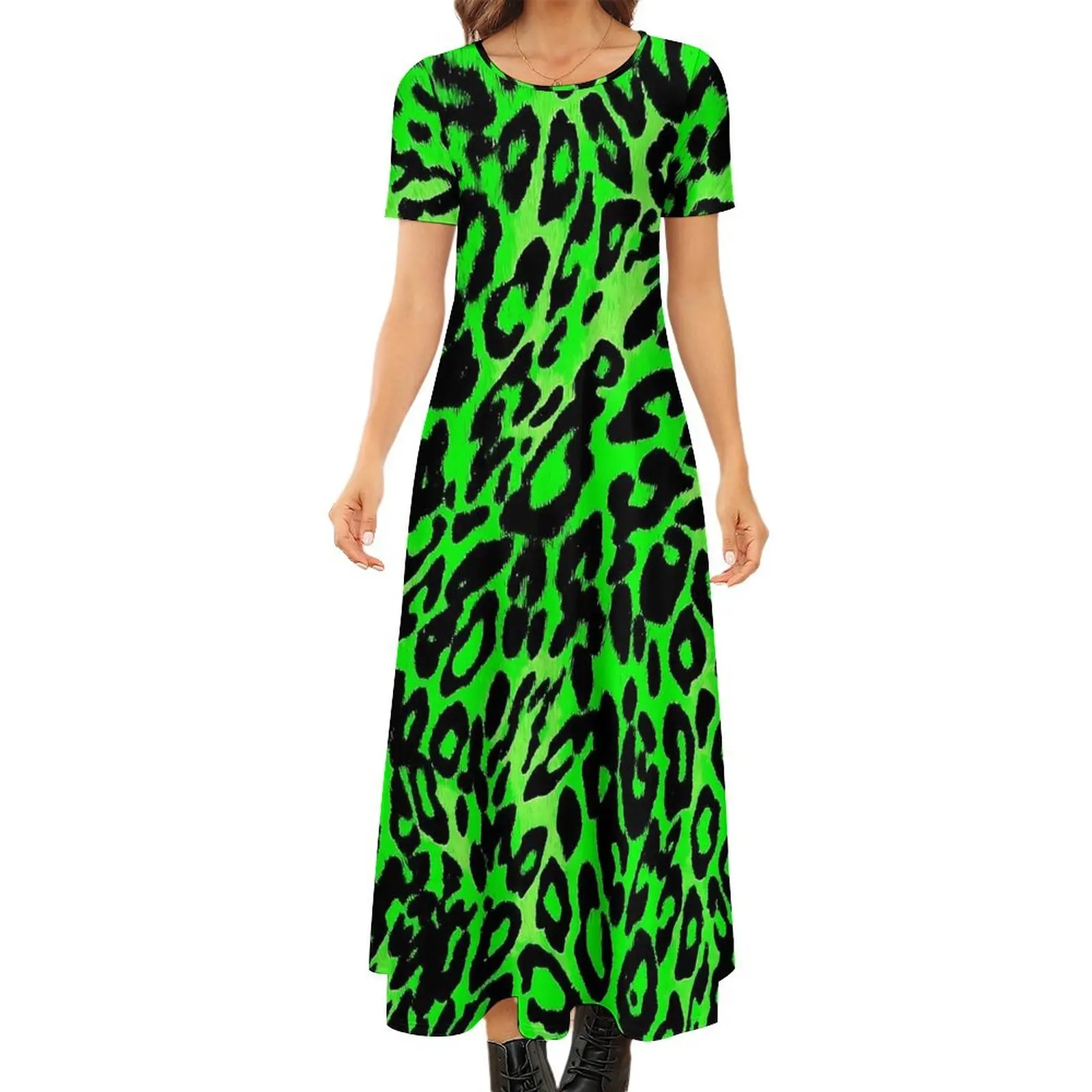 Grünes Kleid mit Leoparden-Textur, Tier-Retro-Maxikleid, Street-Style, Boho-Strand, lange Kleider, Damen, kurzärmelig, übergroße Kleidung