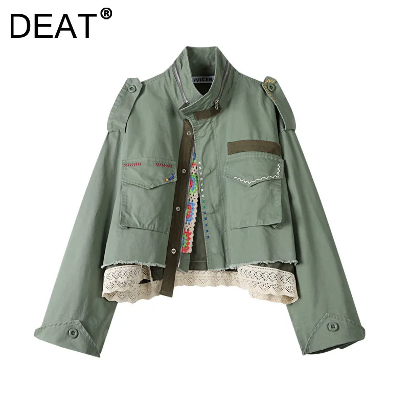 

DEAT Women's Coat Stand Collar Loose Patchwork Lace Fake 2 Pcs Green Safari Style Embroidery Jackets 2024 New Fashion Autumn