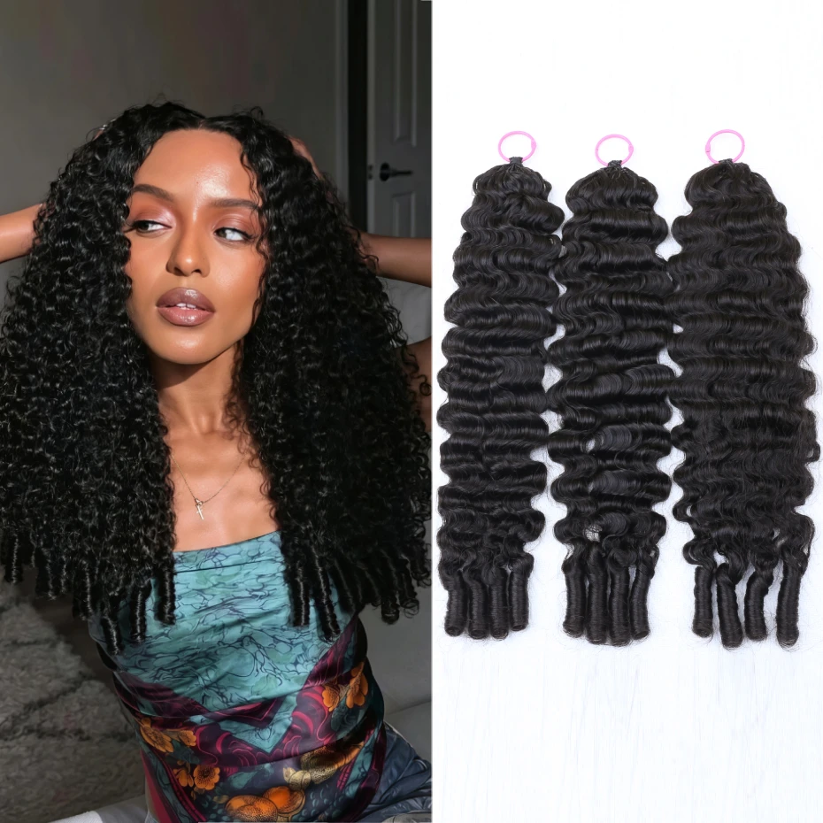 Pre-Looped Pre-Separated 12A Burmese Curly Natural Black Crochet Human Hair Invisible Feather Crochet Human Hair Extensions Soft Fluffy Daily Wear For Women