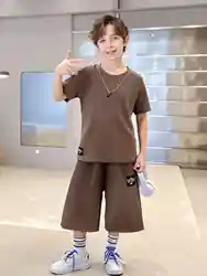Fashion trend Summer boys short-sleeved T-shirt blazer elastic waist brown casual comfortable breathable shorts two-piece set
