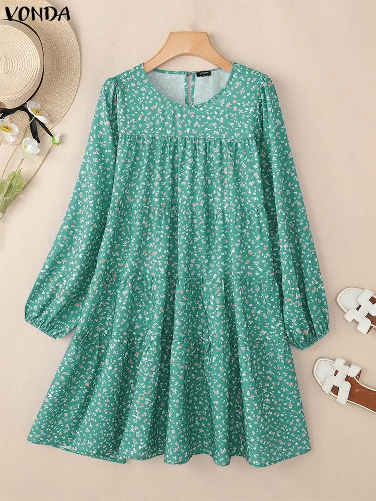 VONDA-Vestidos bohemios de manga larga con estampado Floral para mujer, vestido veraniego de fiesta con cuello redondo, Mini Vestidos sexis de fiesta cortos 2026