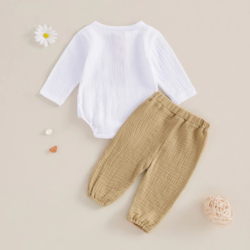 RUEWEY setelan bayi laki-laki, 0 hingga 18 bulan 2 potong set celana musim semi musim gugur pakaian lengan panjang warna kontras Bodysuit celana warna Solid