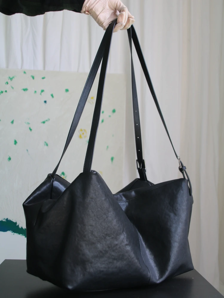 GENGWOYU Black Fashion Simple Genuine Leather Women Bag\Handbag Big Real Leather Lady Underarm Shoulder Commuter Bag Travel Bag