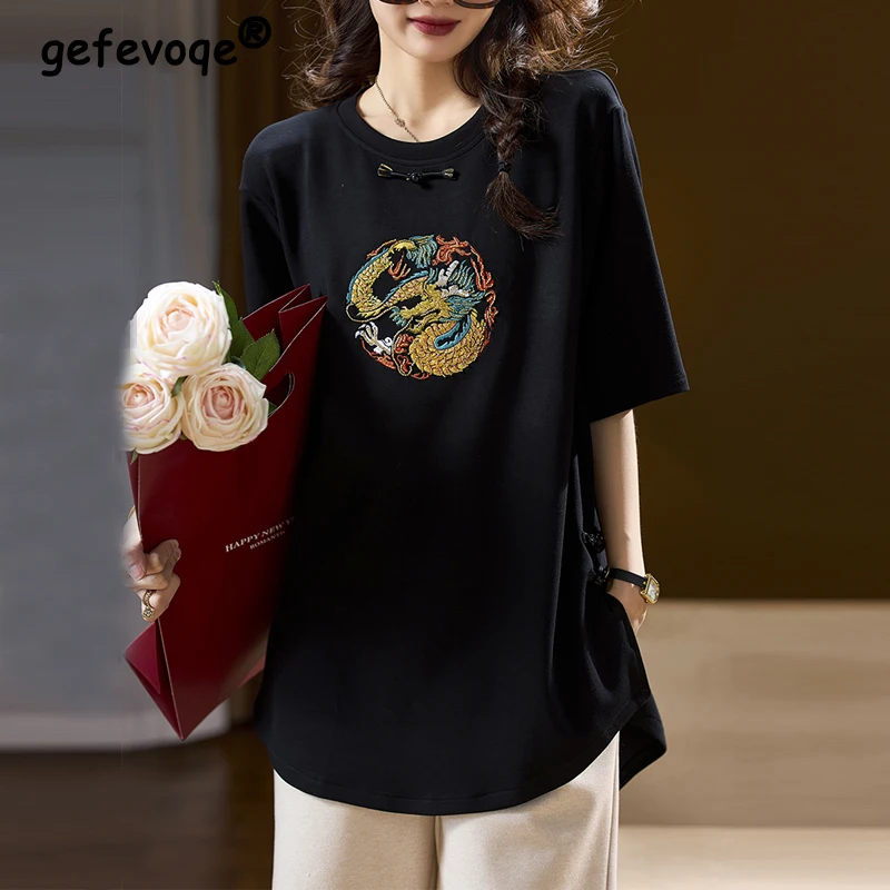 

Women Summer Chinese Style Vintage Embroidery Irregular Black Elegant T-shirt Female Casual O Neck Short Sleeve Loose Tunic Tops