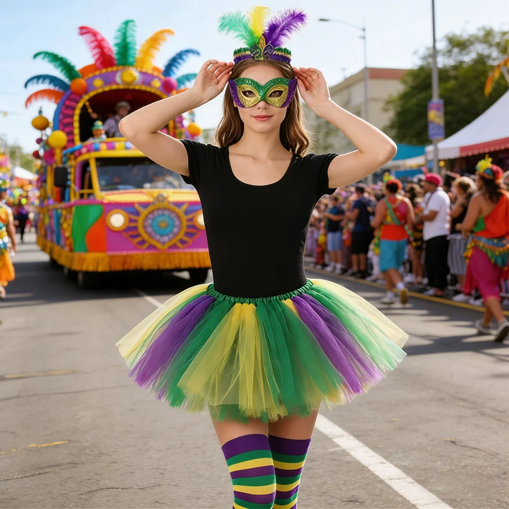 PESENAR Mardi Gras Conjunto de fantasia de penas, máscara de cabeça, saia tutu, meias listradas, acessório de festa