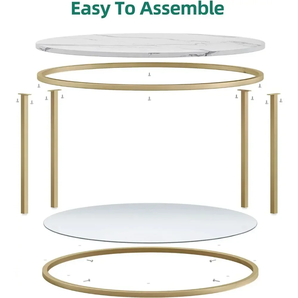 2-Tier Round Coffee Table Marble Center Cocktail Table With Glass Open Storage Shelf, White & Gold