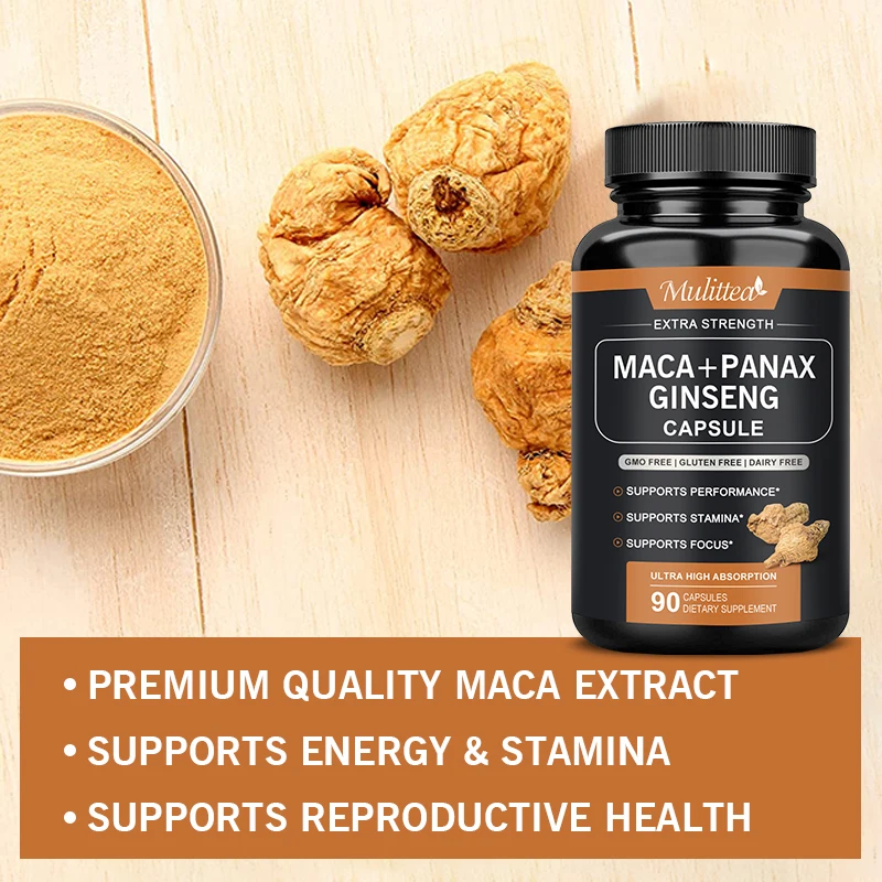 Natural Maca Root Capsules  - Contains black maca Korean Panax Ginseng，Reproductive Health Extract Supplement for Men and Women