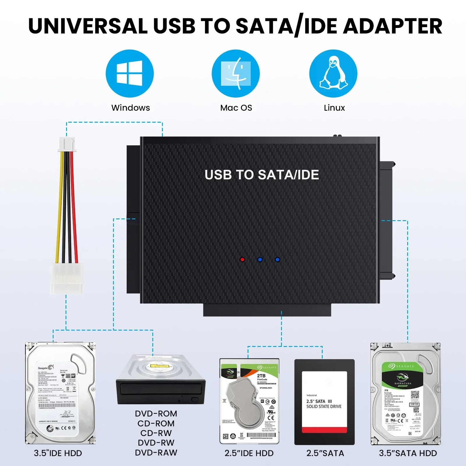 

Переходник для жесткого диска USB 3,0 к SATA IDE, кабель преобразователя для 3,5 дюймового HDD/SSD ROM CD-RW 3 в 1 IDE SATA адаптер
