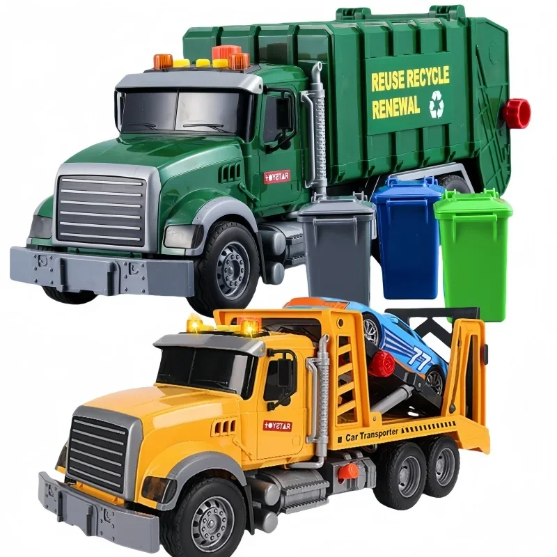 Boys Garbage Truck Model Toy Pull Back Lifting Transport Rescue Crane with Light and Sounds Inertia Children Engineering Vehicle