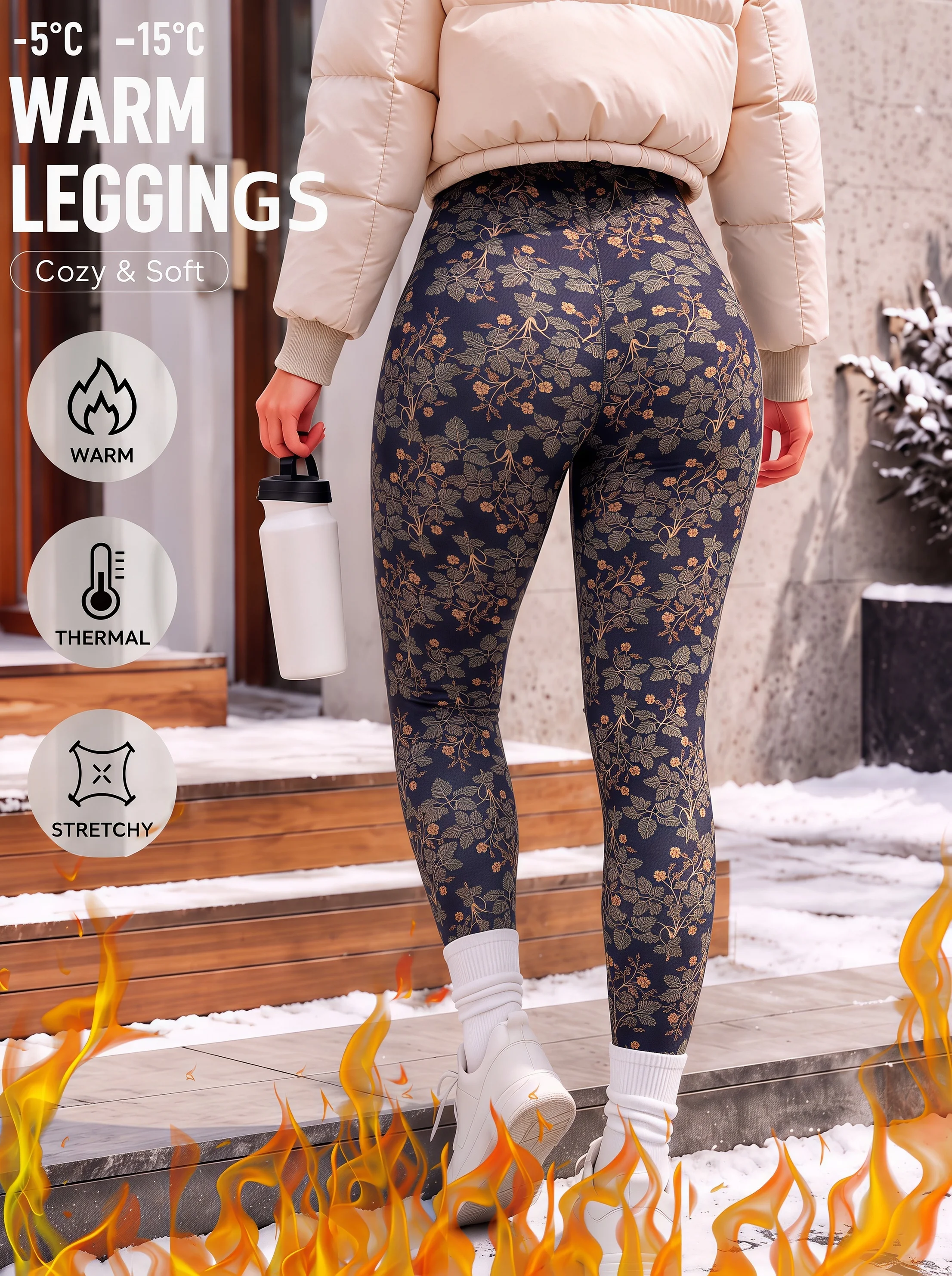 Damen-Leggings in Marineblau mit Retro-Botanischem Blumenmuster, Fleece-gefüttert, Hohe Taille, Hautfreundlich, Schlank, Warm und Eng Anliegend – Detail 3