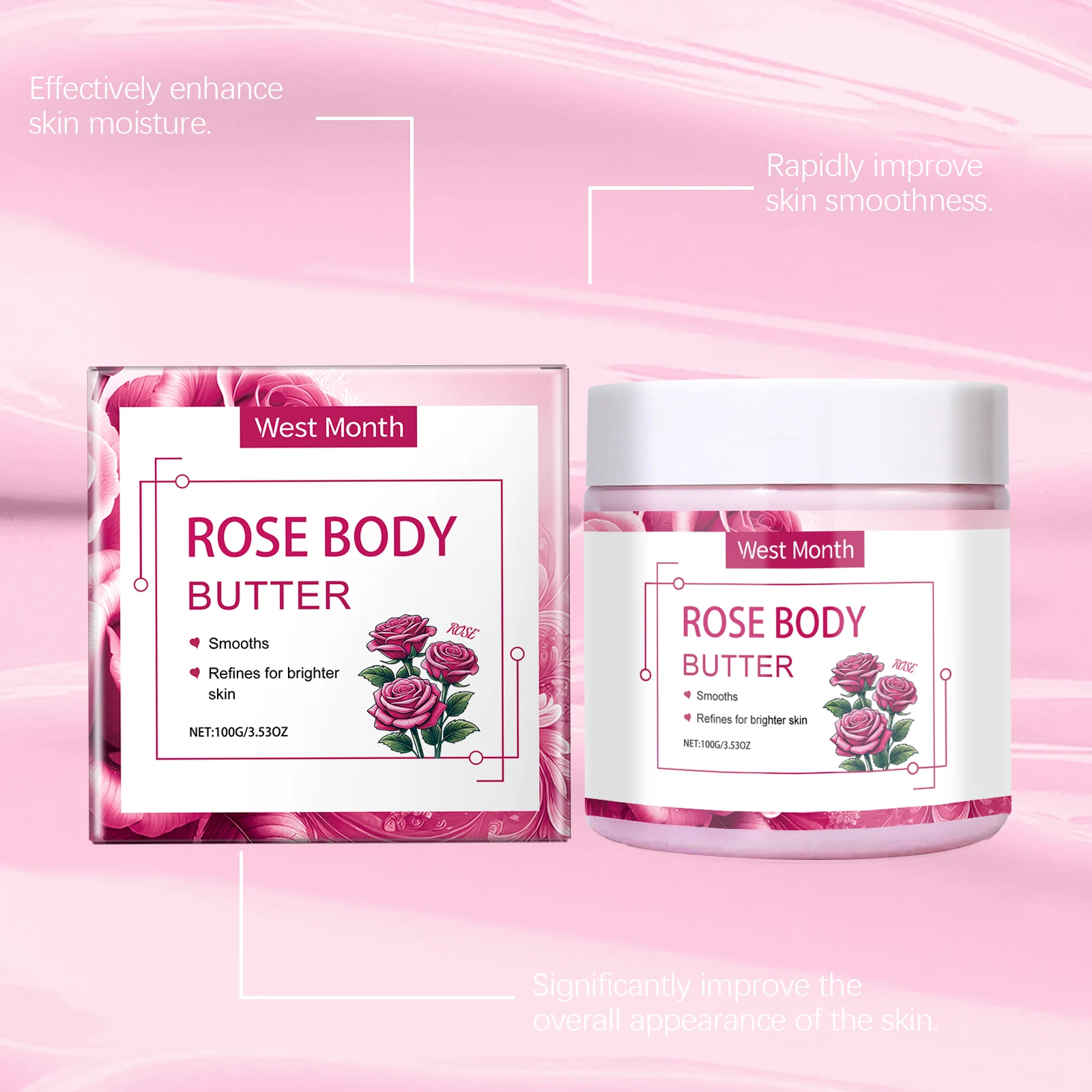 Rose Body Butter Emollient Body Cream, Repair Rough and Dull Body Skin, Long-lasting Moisturizing and Nourishing Skin