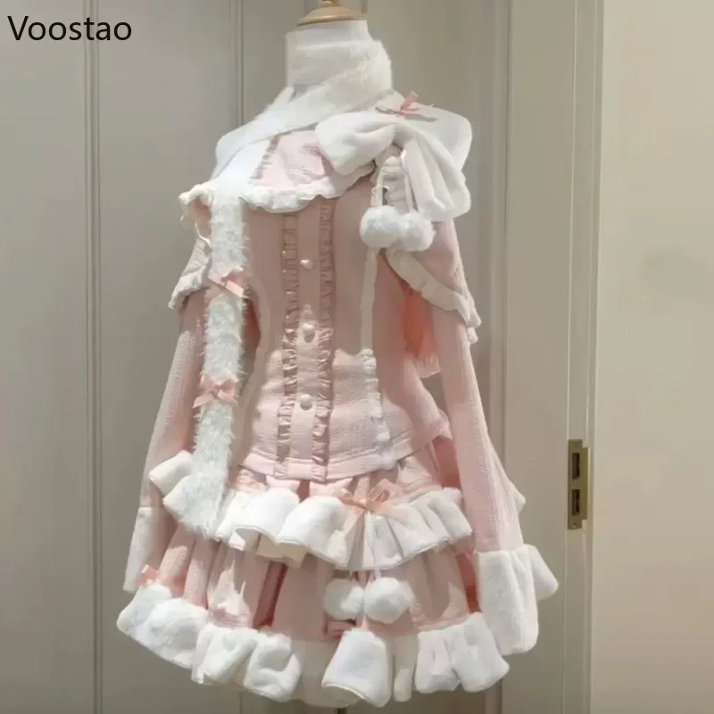 Pink Kawaii Sweet Preppy Style Bow Lolita 2 Piece Set Women Japanese Cute Long Sleeve Off Shoulder Tops Cake Skirt Female Suits