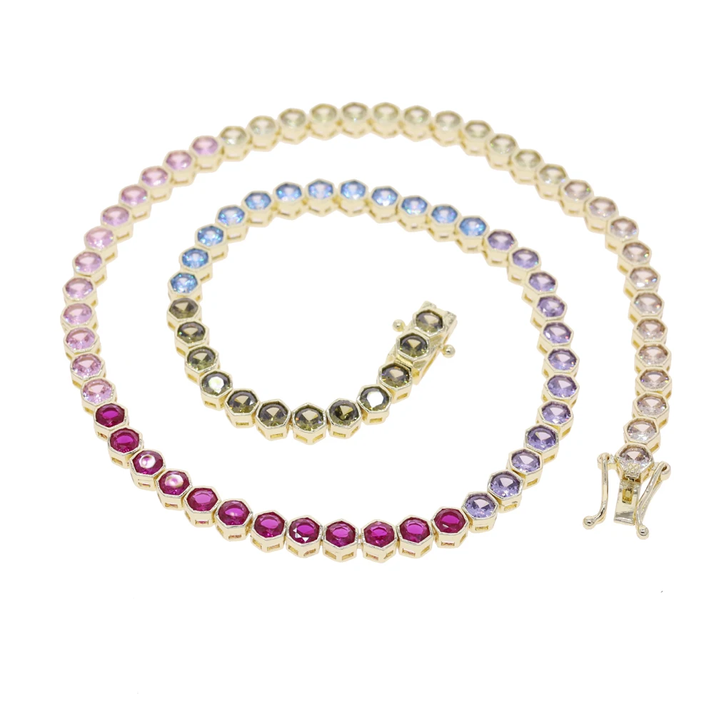 NEW Fashion Luxury Multicolour CZ Geometric Tennis Chain Necklace Paved Bling Cubic Zirconia for Women Wedding Party Jewelry