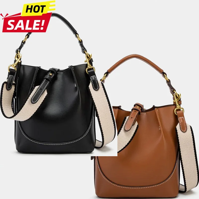 

New Women's Large Capacity Bucket Bags with Wide Shoulder Strap Single Shoulder Handbag Drawstring Handheld Crossbody Bags